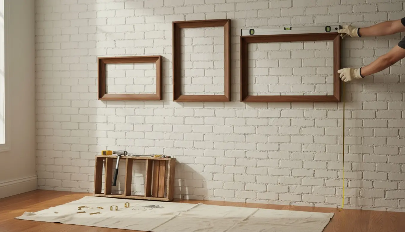 Hænder hænger tre rammer op på en nymalet murstensvæg med vaterpas og målebånd.