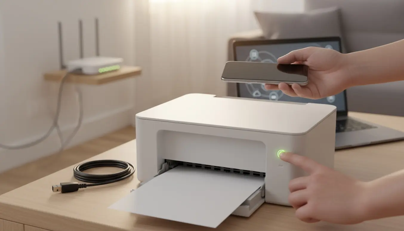 Hænder opsætter en trådløs printer i en lejlighed med router og bærbar i baggrunden.