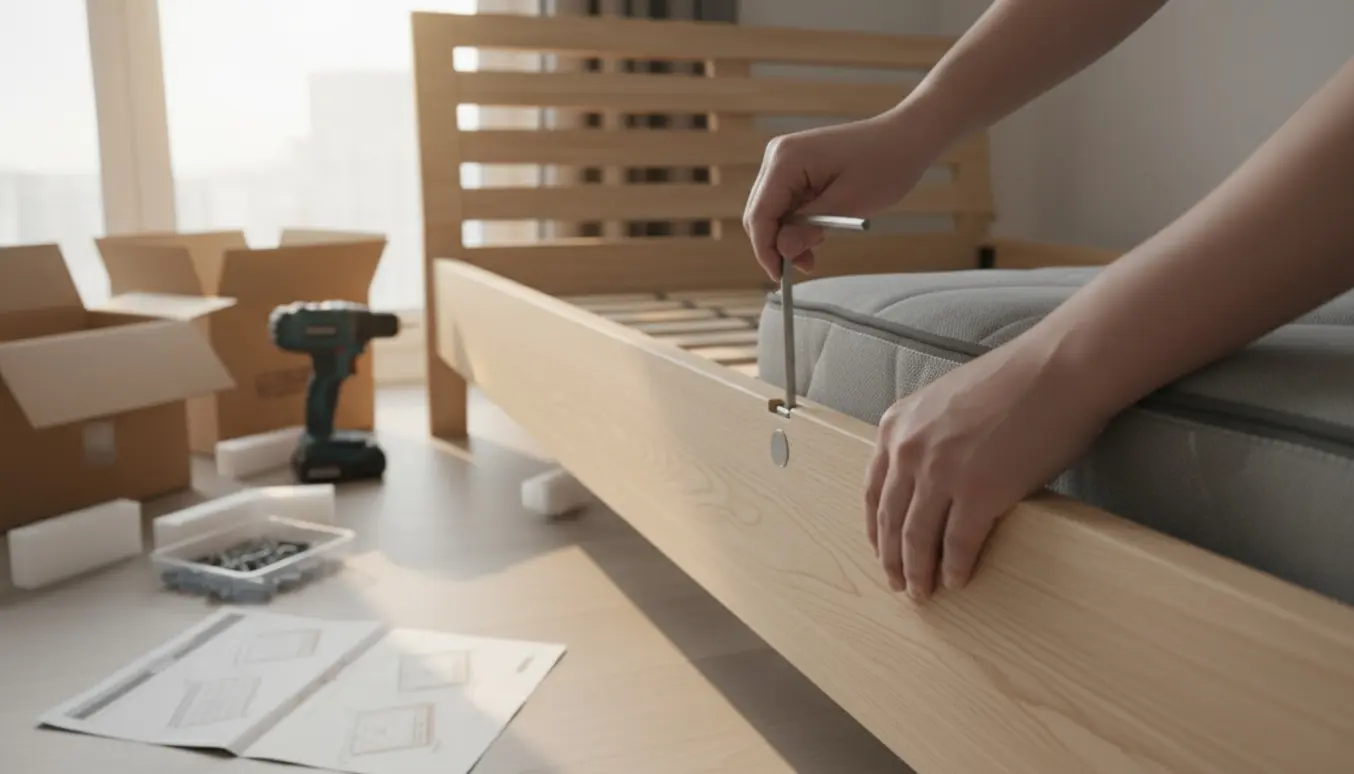 Hænder samler en ny seng i et lyst soveværelse med værktøj, beslag og en delvist samlet sengeramme.