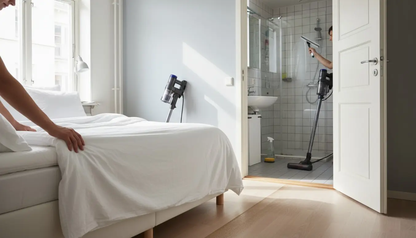 Seng med friskt sengetøj, en støvsuger på gulvet og hænder der rengør et lille badeværelse.