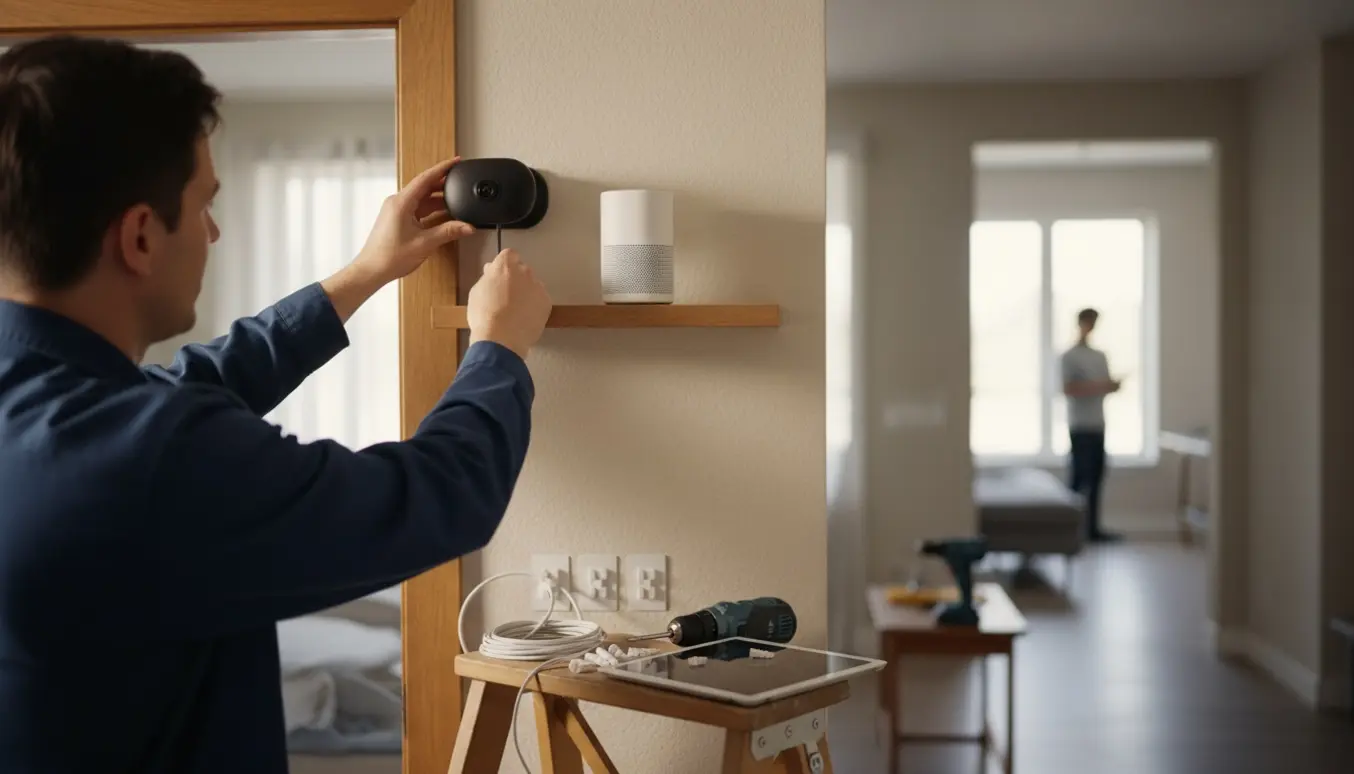 Hænder monterer et webcam over en døråbning og placerer en højttaler på en hylde i et lyst hjem.