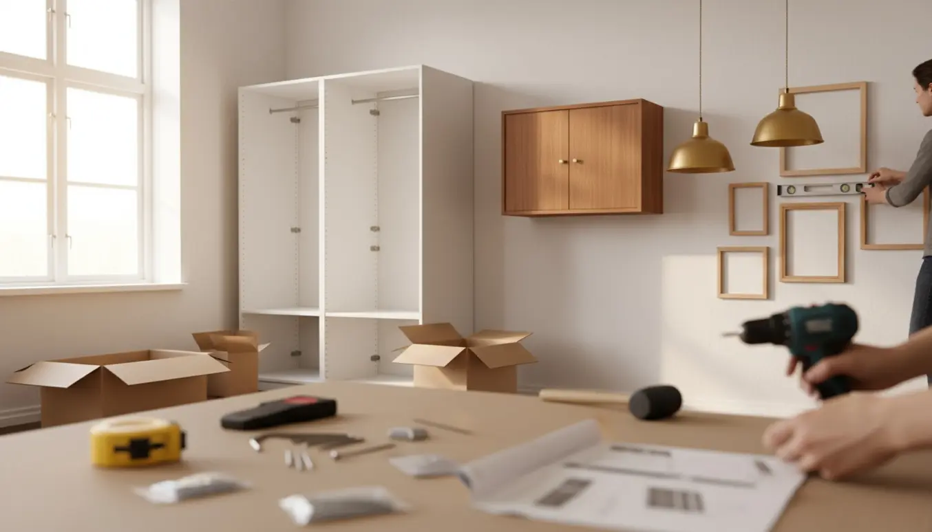 Nærbillede af et lyst rum med samlet klædeskab, to væghængte skænke og hængende lamper under montering, værktøj og hænder i fokus.