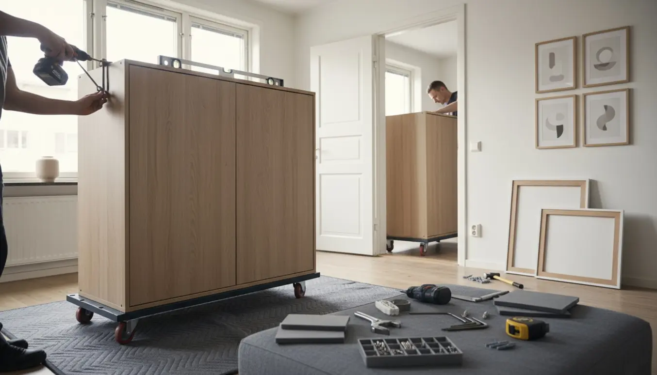 Håndværker samler et delt dobbeltskab i et lyst hjem, med ni billeder klar til ophæng.