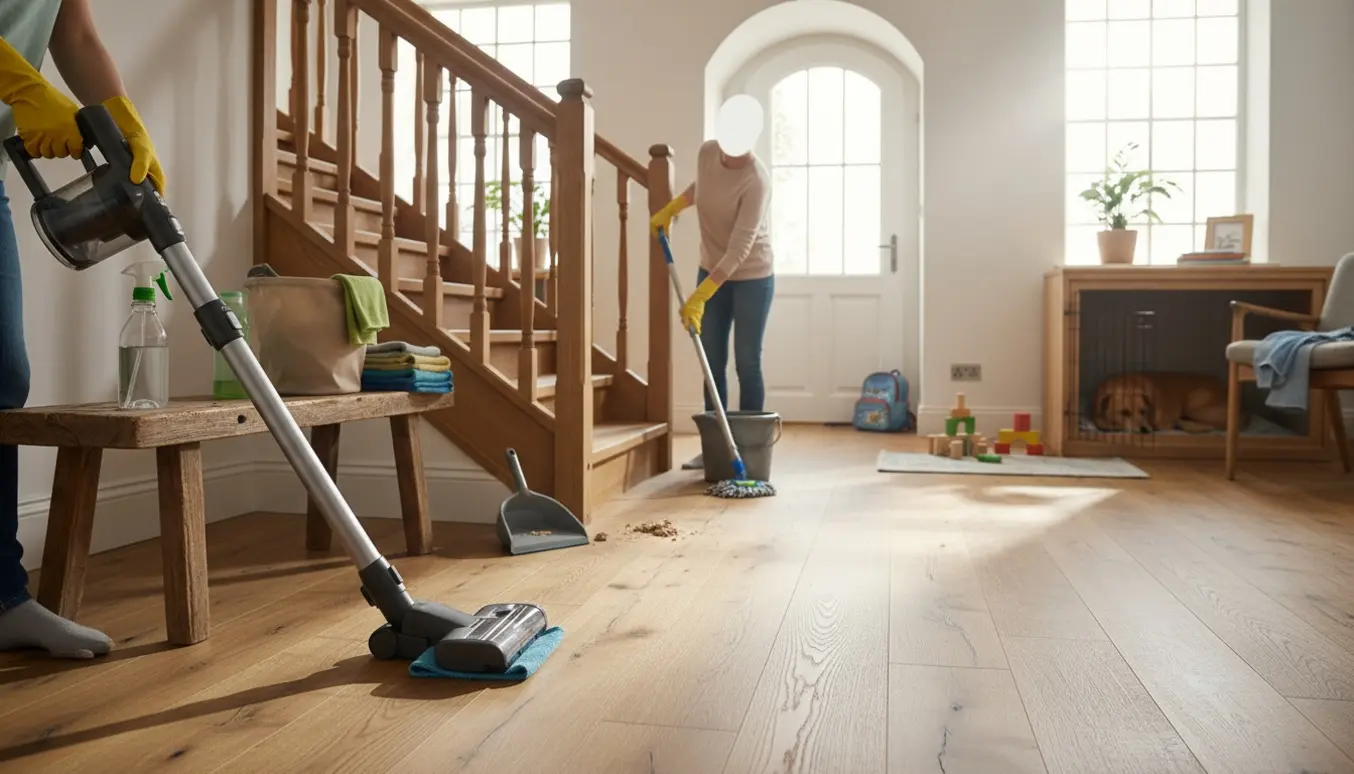 Hænder støvsuger og vasker trægulv i et to-etagers træhus med børnelegetøj og en hund i kasse i baggrunden.