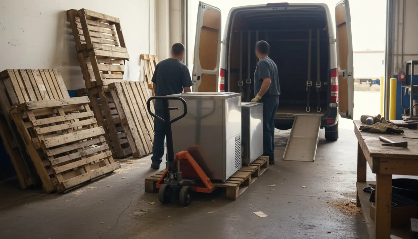 Lastning af en ismaskine og stak paller i et lager, klar til afhentning.