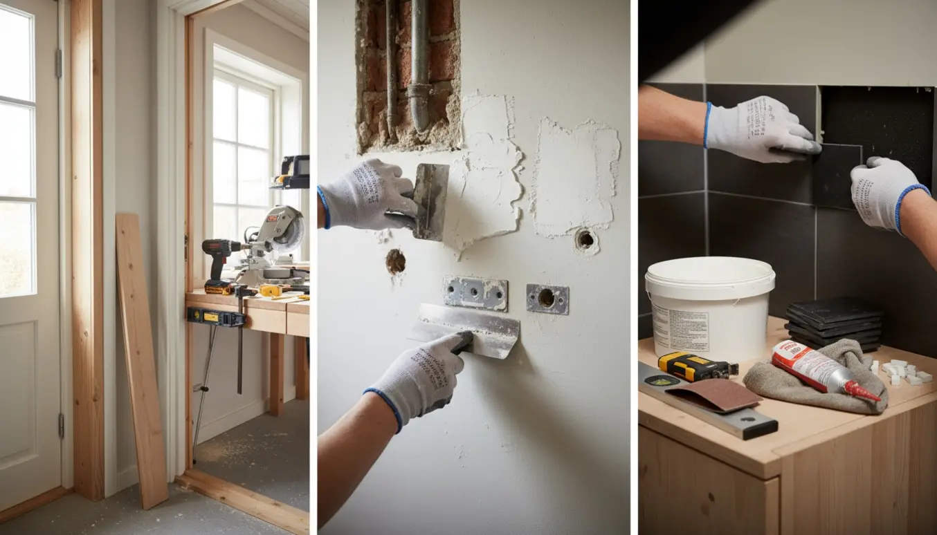 Nærbillede af hænder, der spartler vægge, sætter en sort flise i og monterer trælister ved en dør i et bryggers.