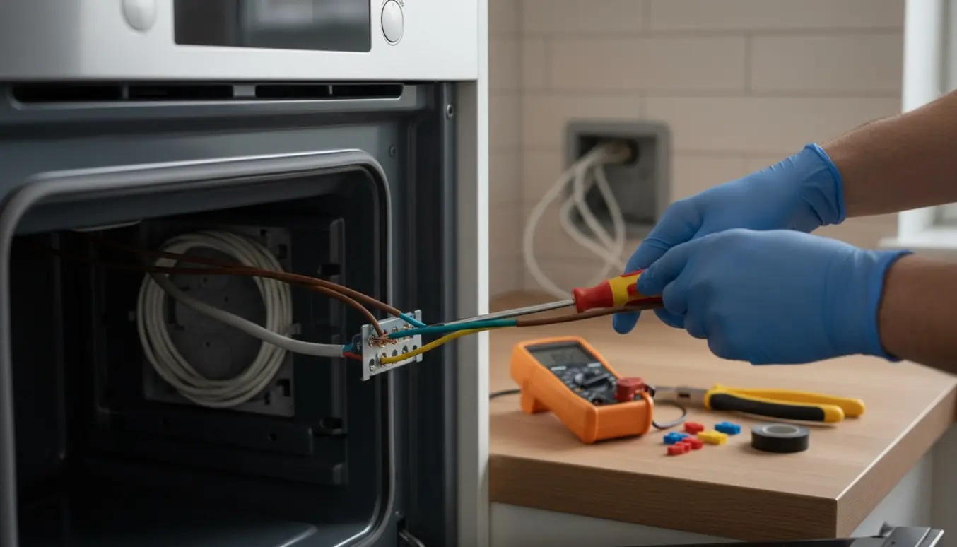 Elektriker forbinder ledninger til en indbygningsovn i et moderne køkken.