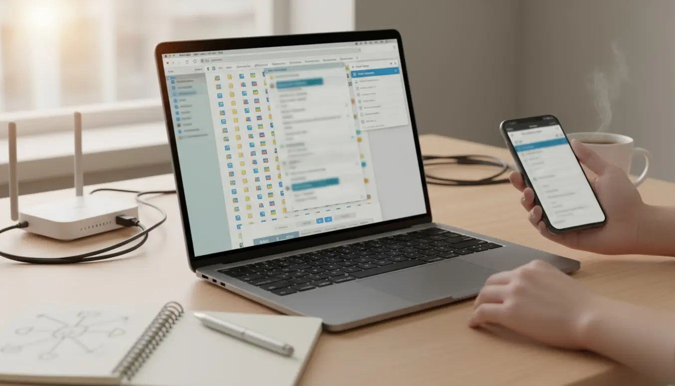 MacBook på skrivebord med rodede mailmapper på skærmen og en bruger, der tøvende prøver at rette e-mailopsætningen.