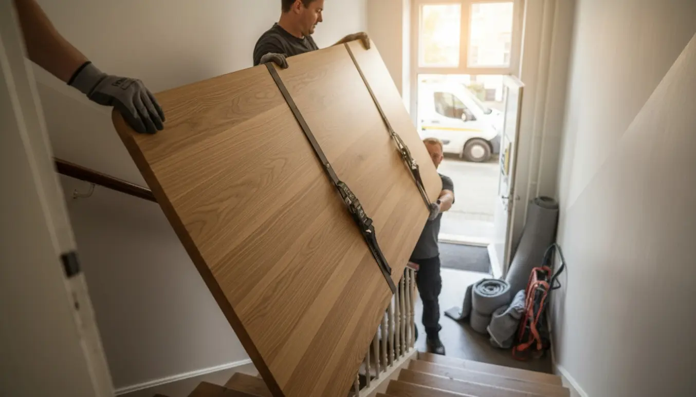 To personer bærer en massiv egetræs bordplade op ad en lejlighedstrappe med beskyttelsestæpper og flytteudstyr i baggrunden.