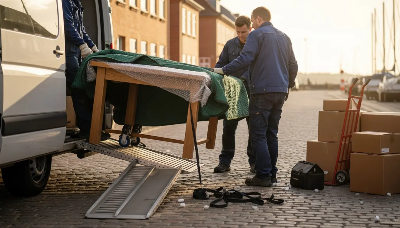 Et træspisebord pakket i flyttetæpper bliver læsset i en hvid flyttevogn på en rolig dansk vej.