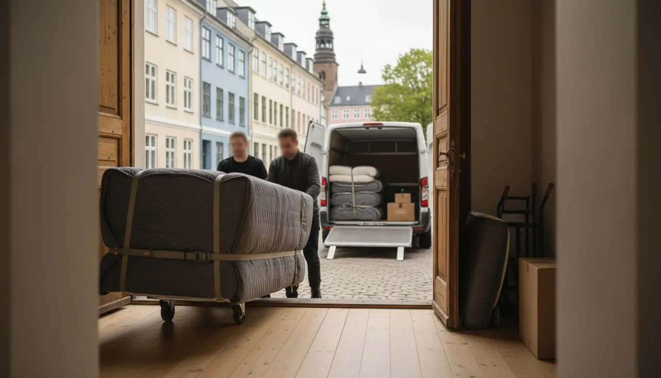 Flyttefolk bærer en indpakket boxmadras ud af en københavnsk lejlighed mod en flyttevogn.