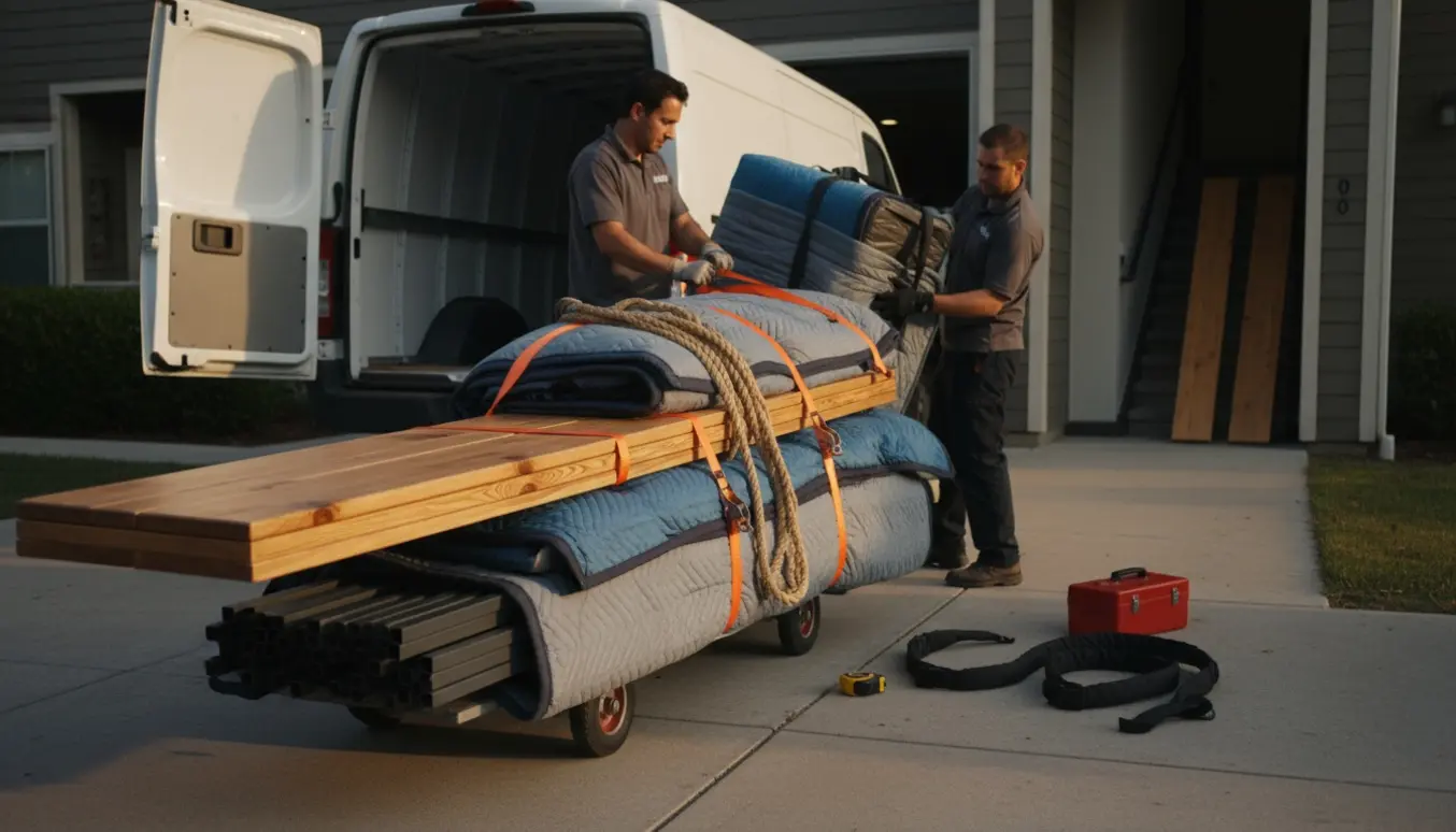 Adskilte højsengspaneler pakket på dolly ved en åben varevogn klar til at blive båret op ad en trappe.