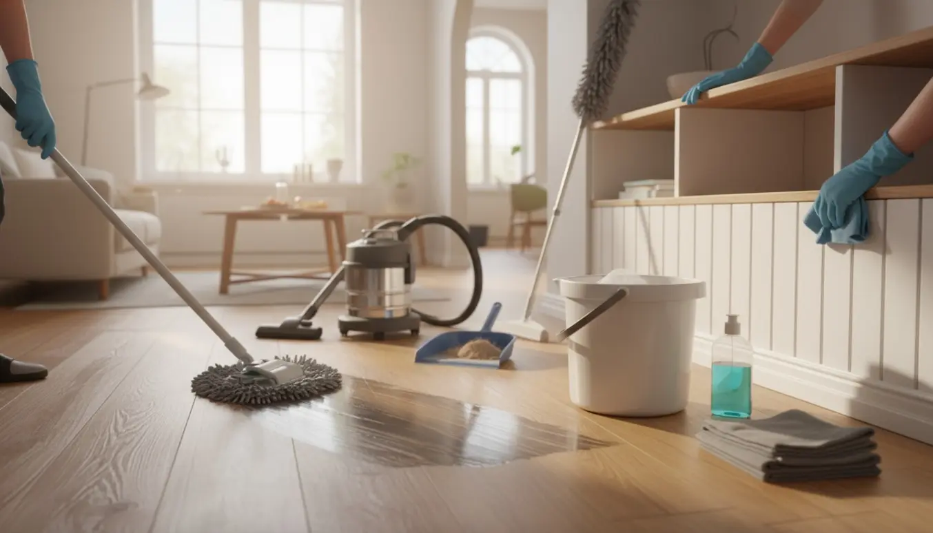 Glovebeklædte hænder støvsuger og mopper en lys lejlighed, mens paneler vaskes og rengøringsmidler står parate.