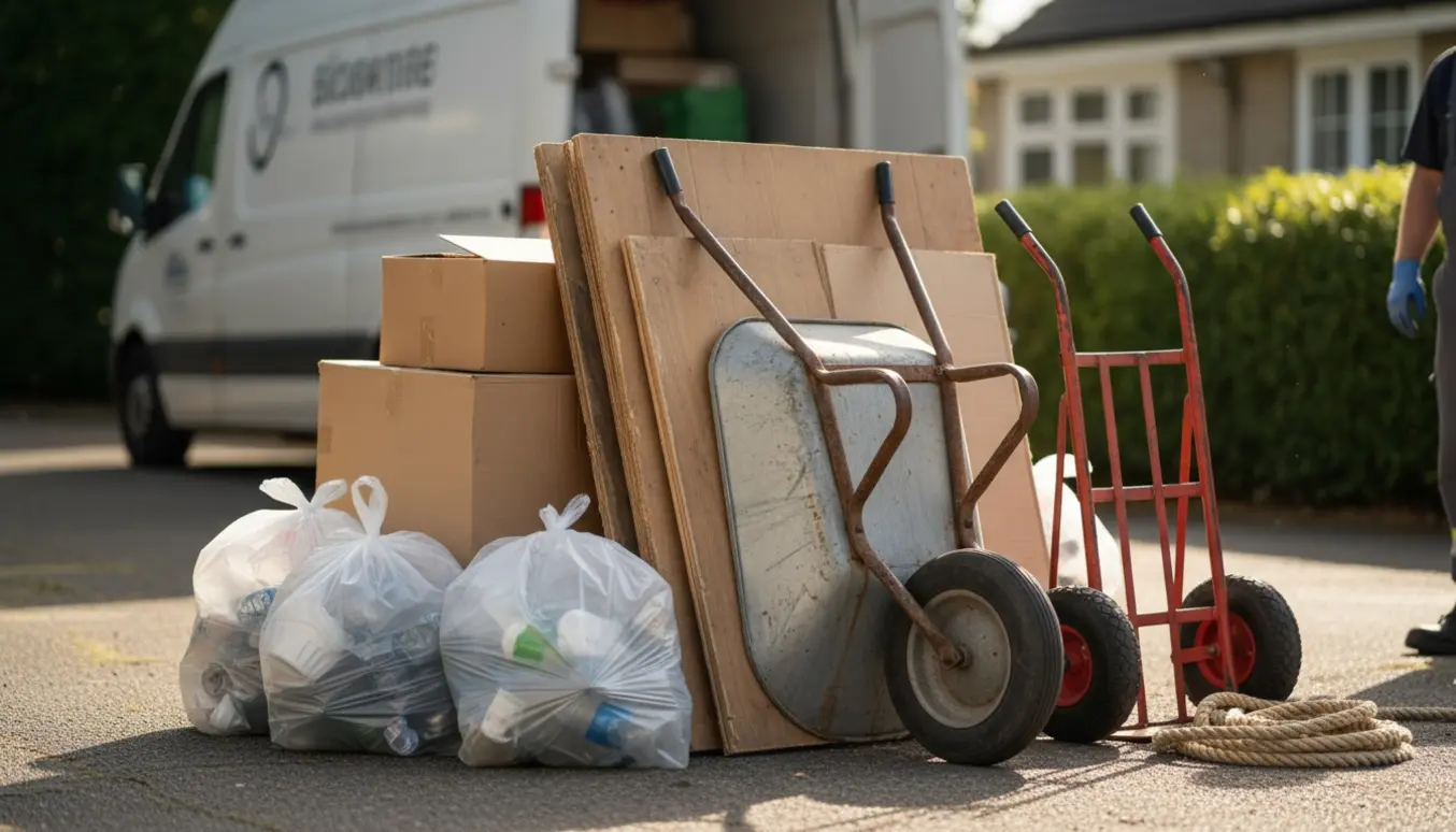 Blandede stakke affald på en indkørsel klar til afhentning med sække, papkasser, hylder og en ødelagt trillebør.