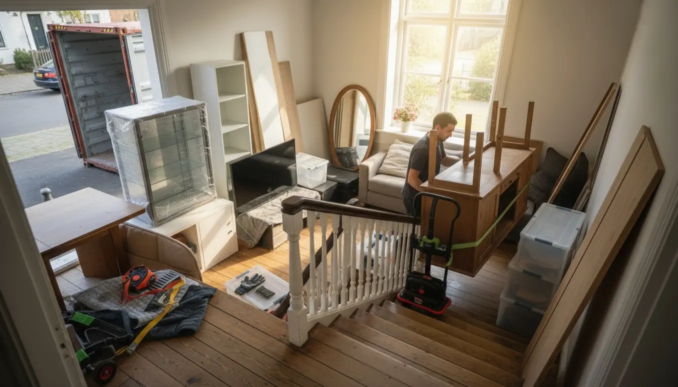 To flyttemænd bærer møbler ned ad en bred opgang mod en container udenfor, omgivet af klare flyttekasser og flytteudstyr.