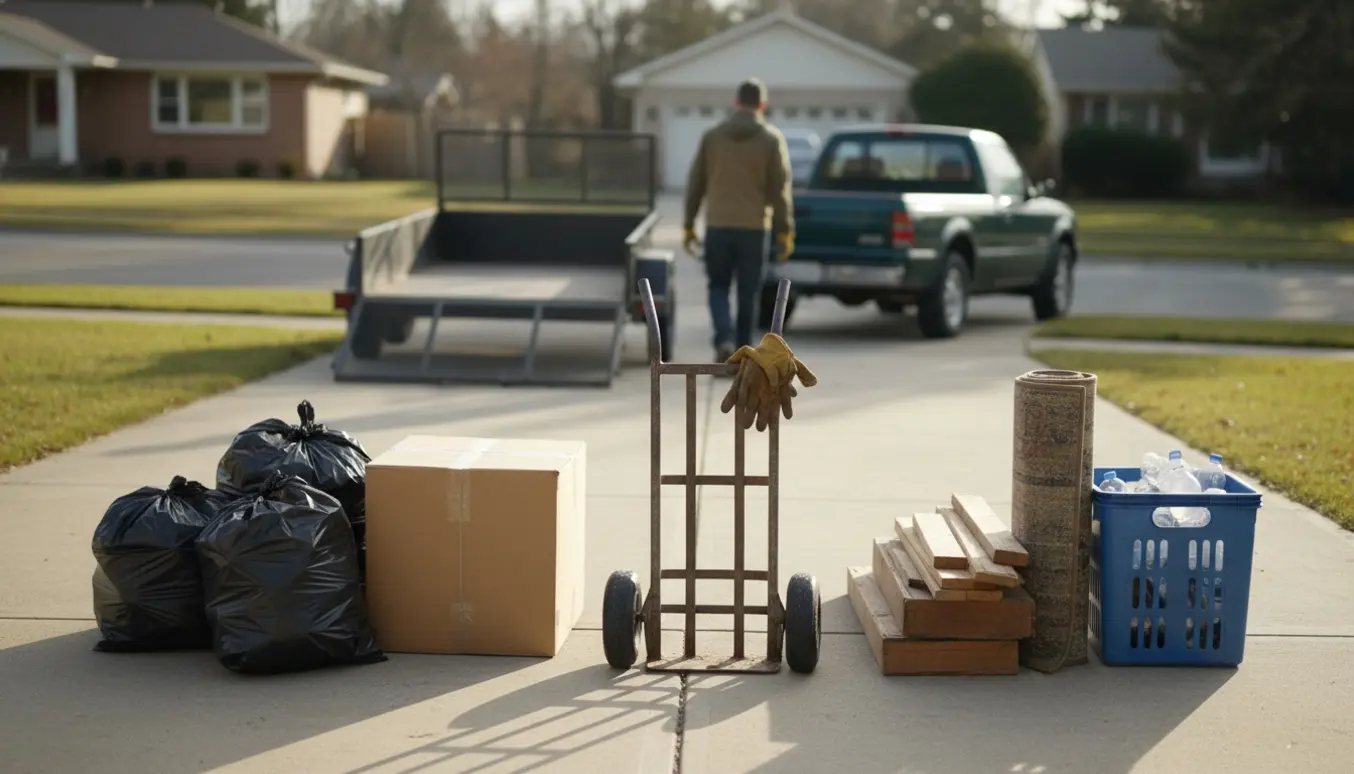 Sorteret affald på indkørslen med en trailer parkeret i baggrunden, klar til afhentning.