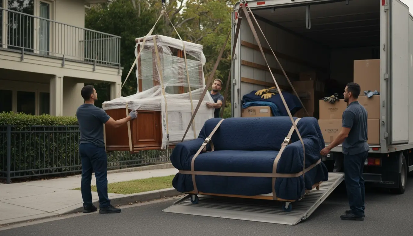 To stærke flyttemænd sænker en indpakket skænk og vitrineskab fra 2. sal ned til en flyttevogn.
