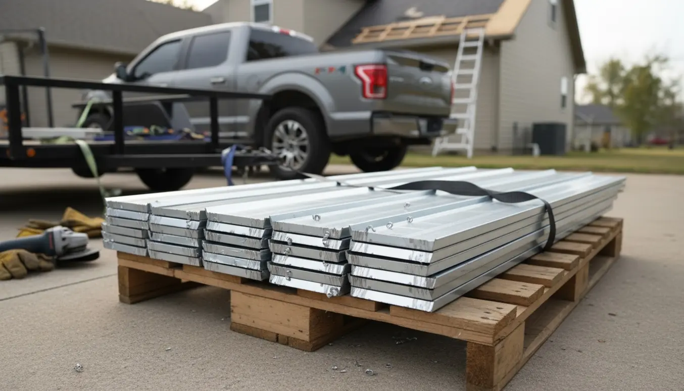 Opstablede opskårne ståltagspaneler på en intakt palle ved en trailer klar til bortkørsel.