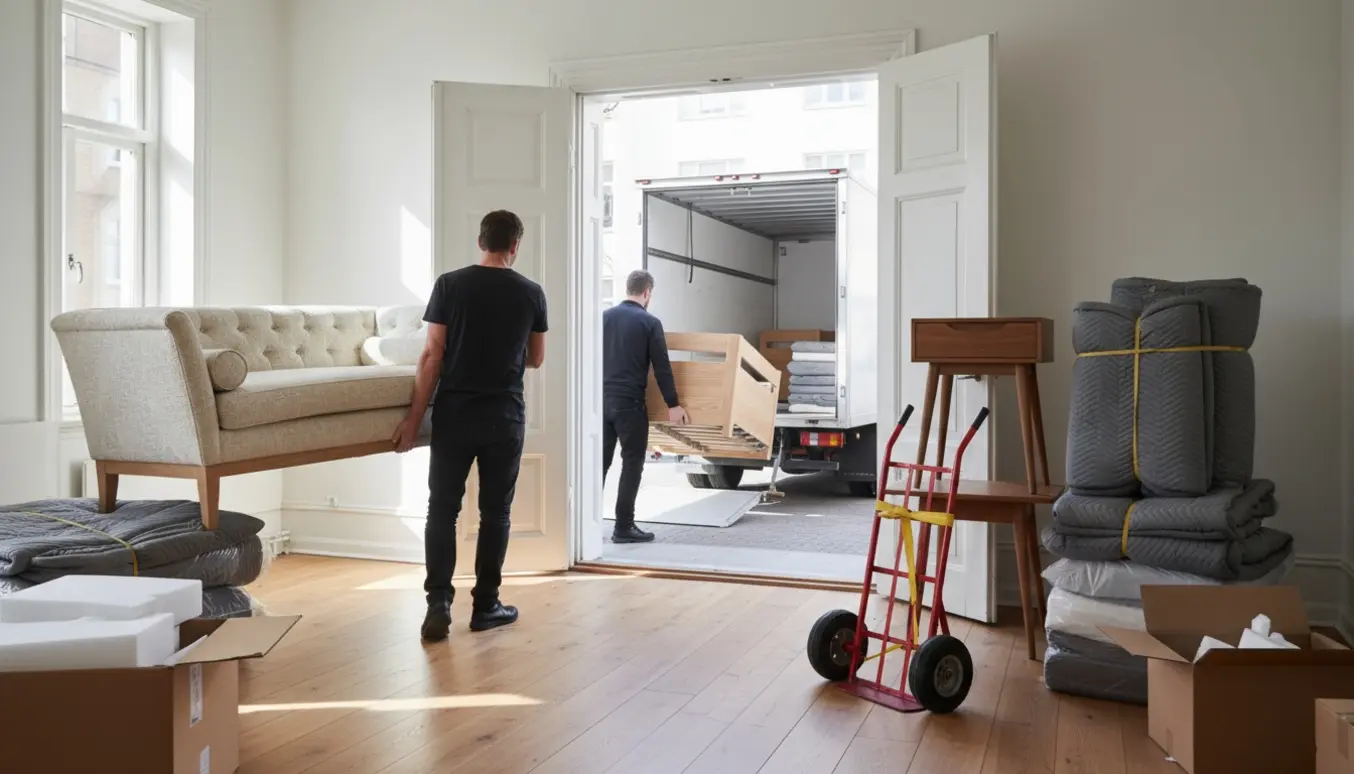 To personer bærer en chaiselong, en seng og et lille bord ud af en lejlighed mod en åben flyttevogn.