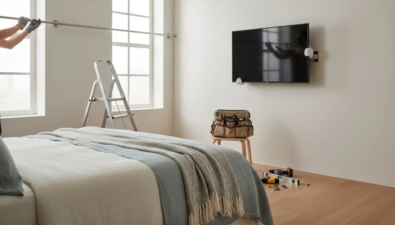 Handsætter monterer et vægmonteret tv og en gardinstang i et lyst soveværelse med værktøj spredt på gulvet.