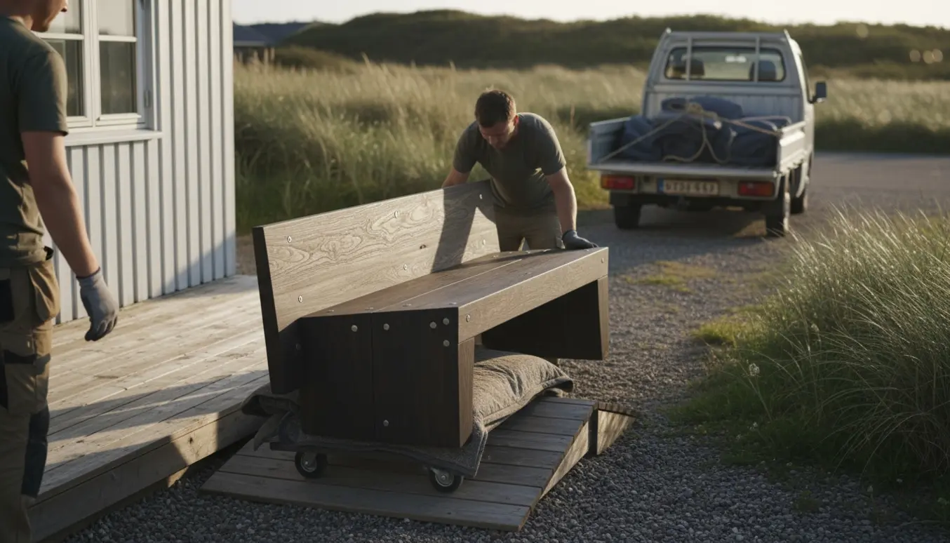 En tung Ironwood-bænk løftes fra gaden op ad en rampe til et sommerhus af to personer med handsker.