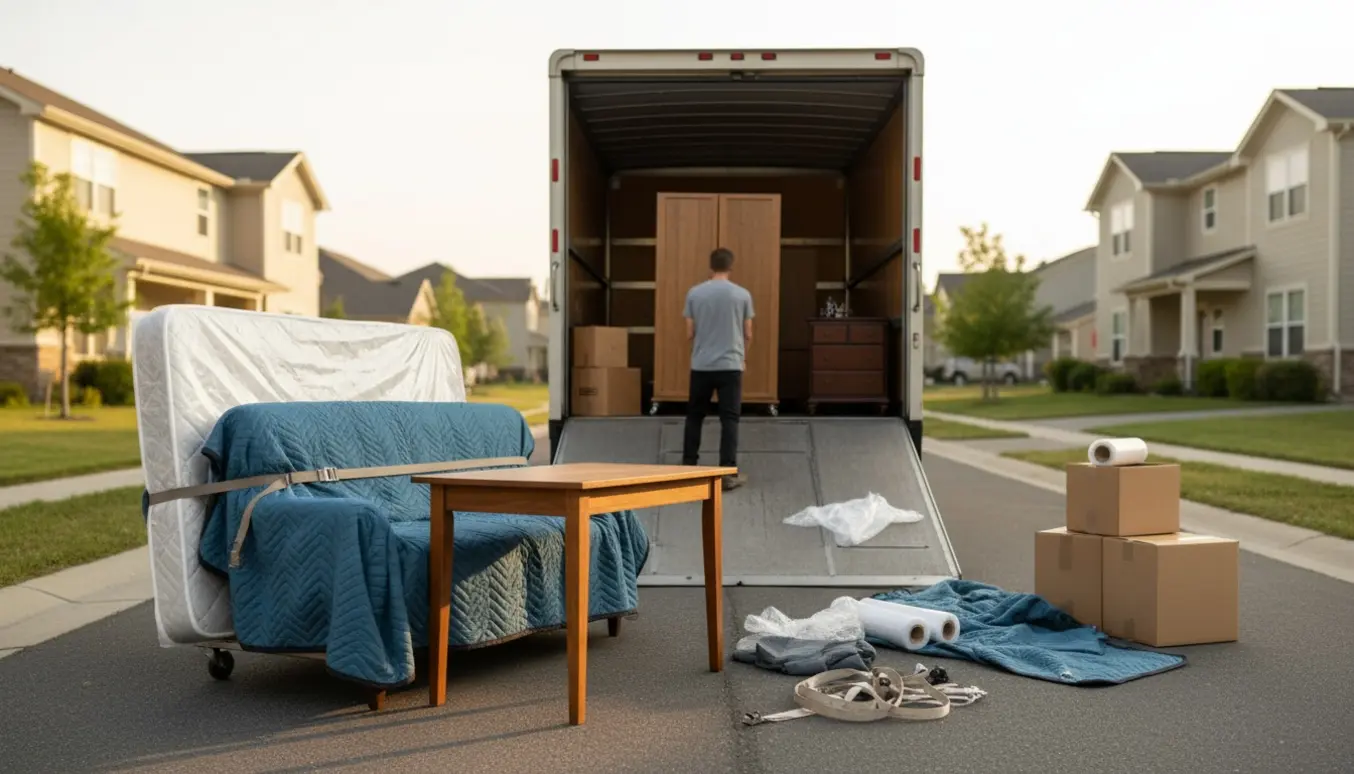 Flyttebil mellem to huse, møbler og flyttekasser bæres og er beskyttet med tæpper og sækkevogn.