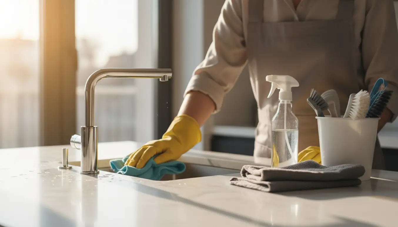 Hænder i handsker tørrer en rustfri køkkenvask af med mikrofiberklud i et lyst, moderne køkken.