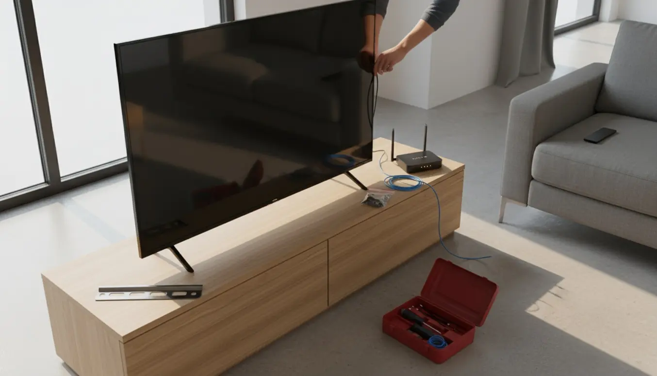 Hænder tilslutter et HDMI-kabel til et nyt fladskærms-tv i en lys, moderne stue.