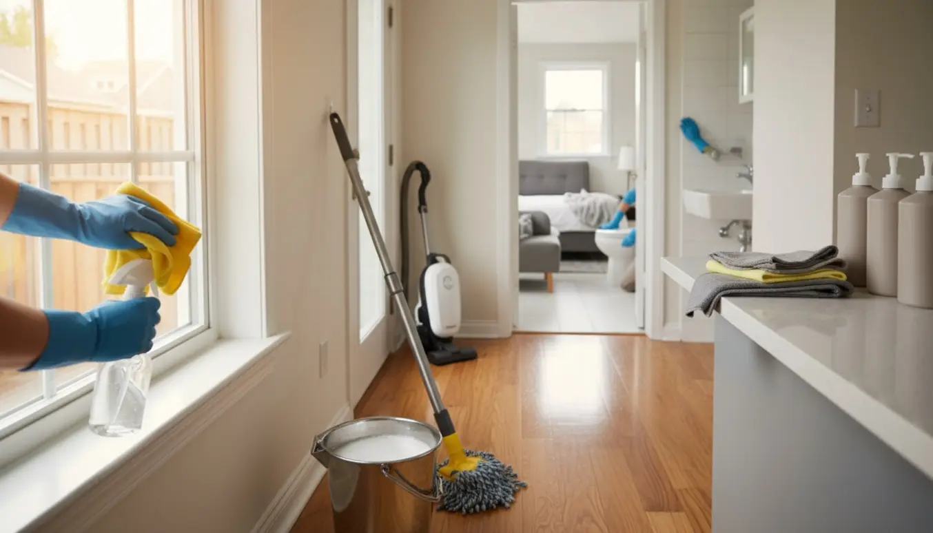 Indvendig rengøring af et lille hus med vinduespudsning, gulvmopning og støvsuger i fokus.