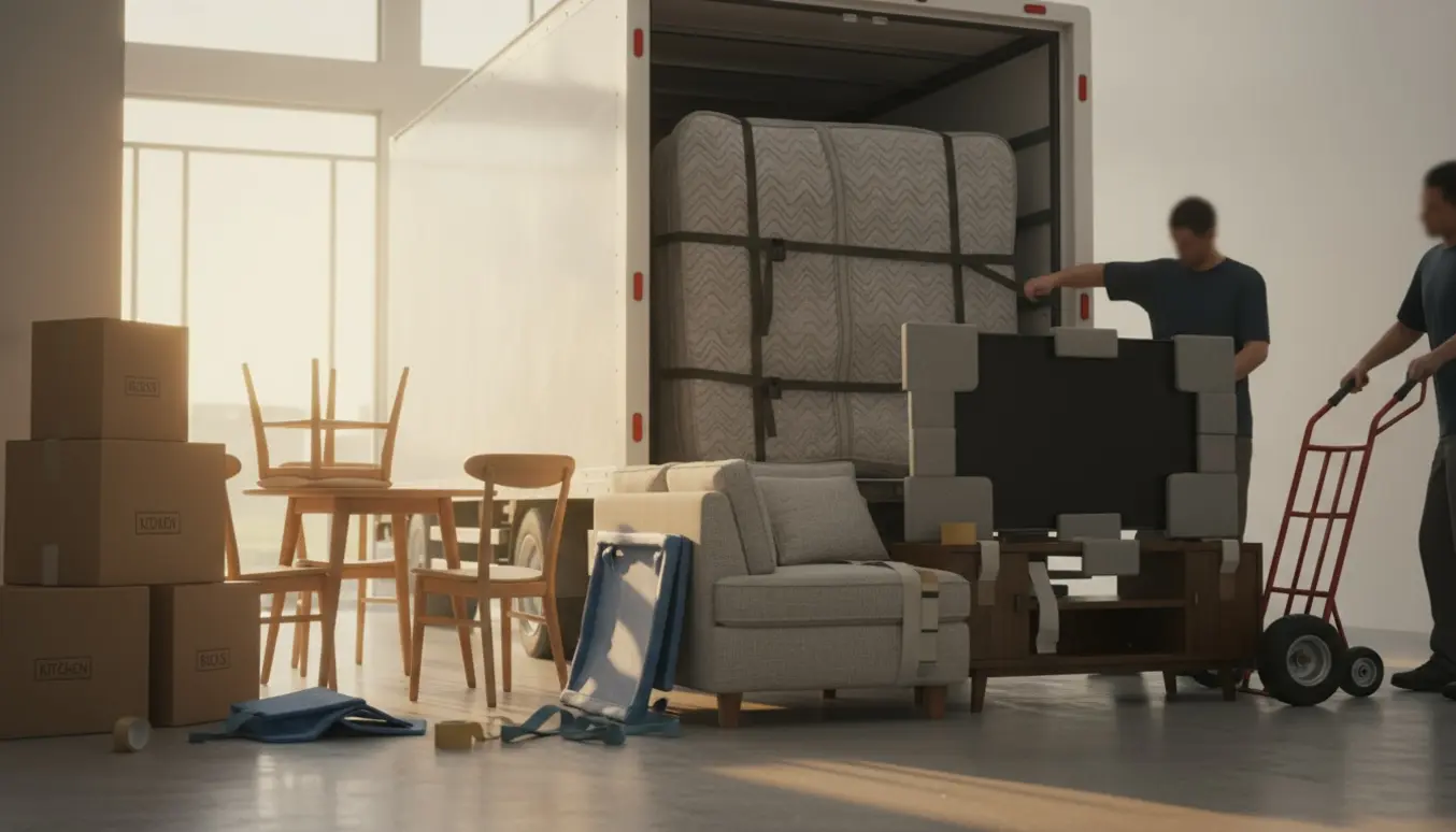 Flyttefolk læsser en indpakket dobbeltseng og hjørnesofa ved en åben flyttebil, omgivet af møbler og papkasser.