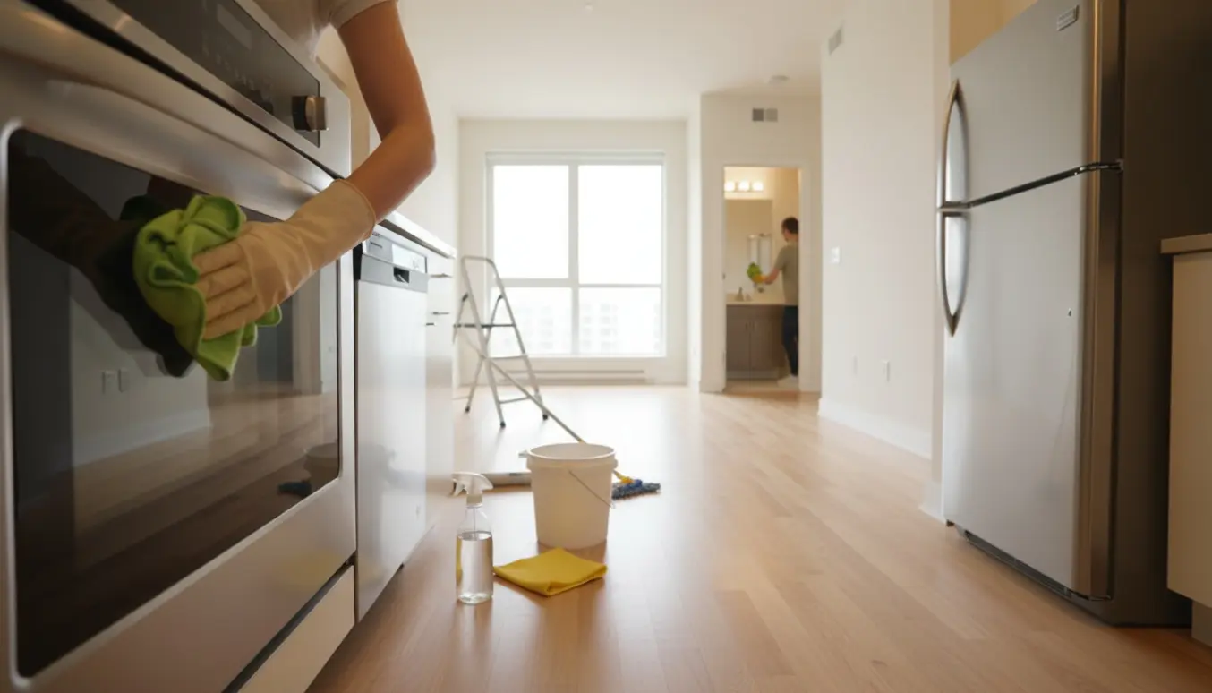 Lyse, tomme lejlighed med handsker, der pudser ovnen med mikrofiberklud og rengøringsudstyr i nærheden.