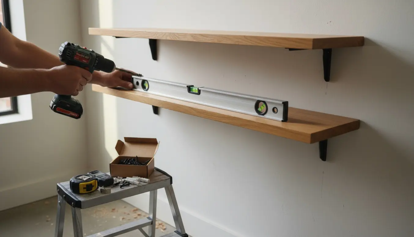To træhylder bliver monteret på en væg med hænder, en boremaskine og et vaterpas i blødt naturligt lys.