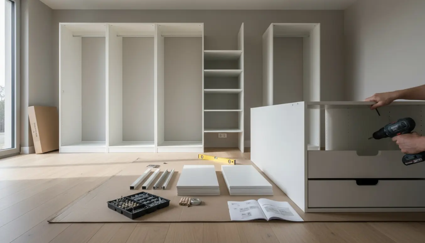 Fire hvide garderobeskabe under samling i et lyst rum med værktøj og hænder i fokus.