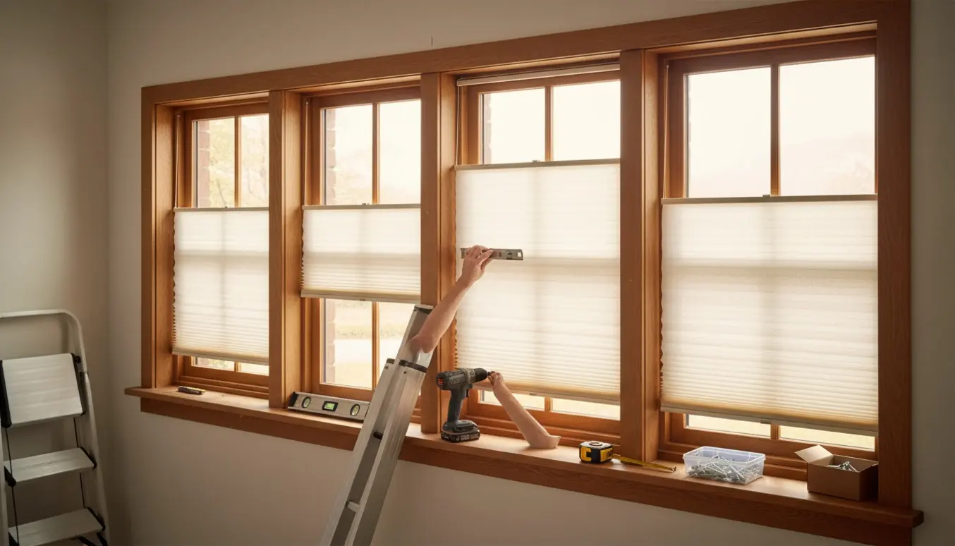 Fire up-down foldegardiner monteres i tilstødende vinduer med værktøj på vindueskarmen.