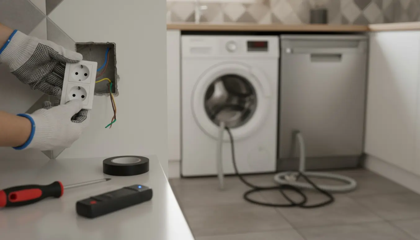 Nærbillede af hænder, der udskifter en stikkontakt i et køkken med vaskemaskine og opvaskemaskine i baggrunden.