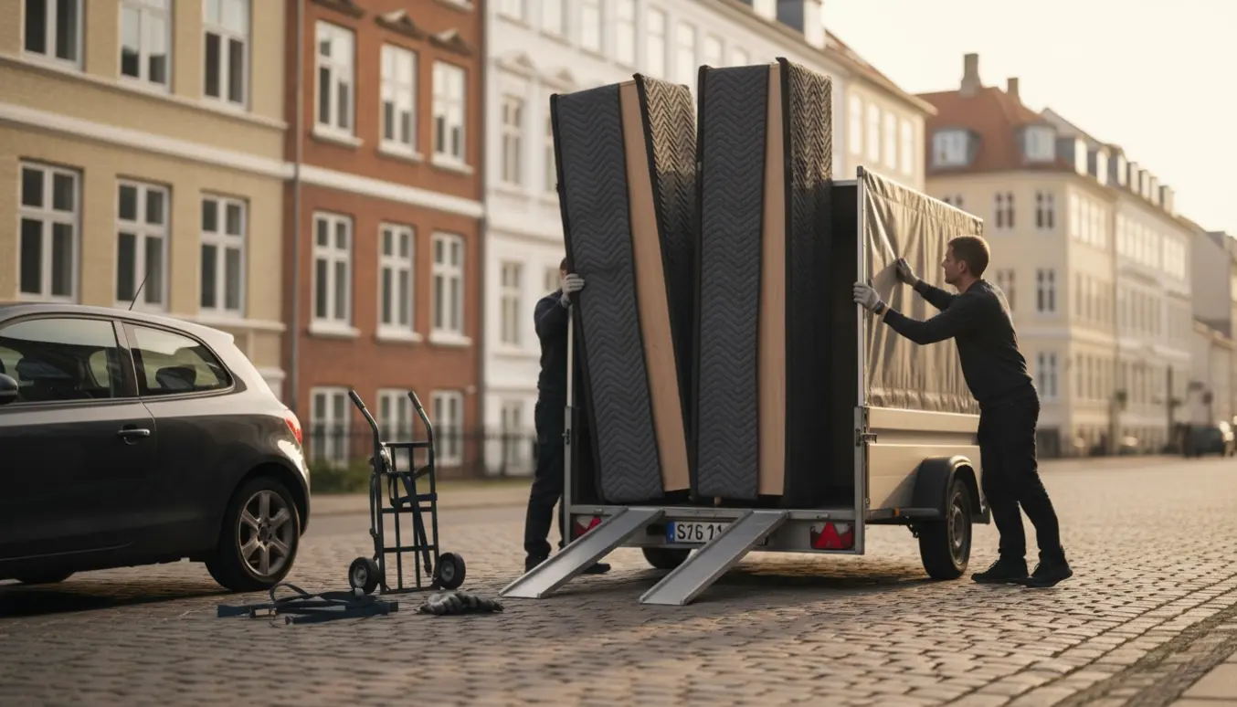 To samlede PAX-klædeskabe bliver læsset på en trailer på en rolig københavnergade.