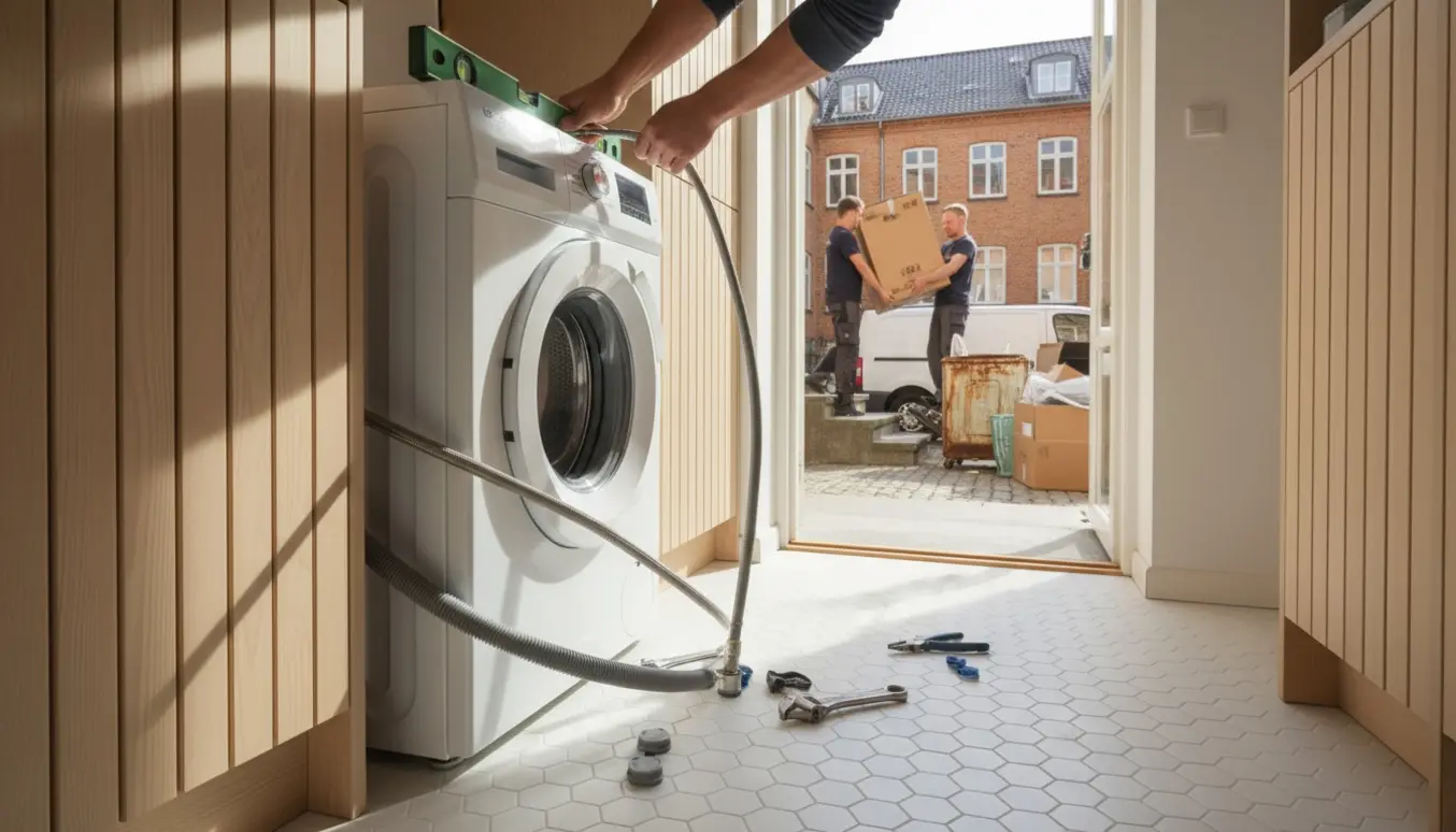 Ny vaskemaskine tilsluttes i lejligheden, mens den gamle køres væk til storskrald i gården.
