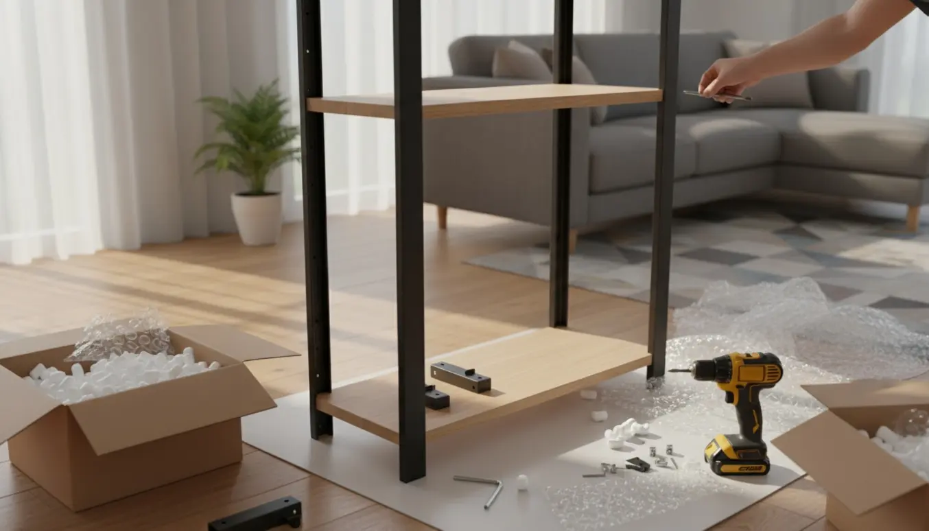 Nyligt udpakket reolsystem halvt samlet i en lys stue med værktøj og åbne kasser.