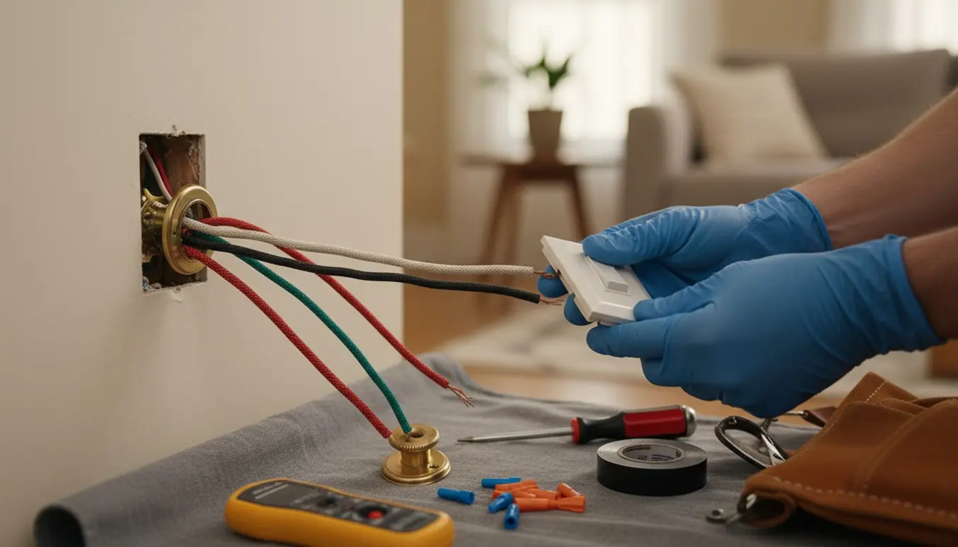 Nærbillede af en elektriker i handsker, der skifter en gammel dæmper til en ny almindelig afbryder med synlige stofledninger og værktøj.
