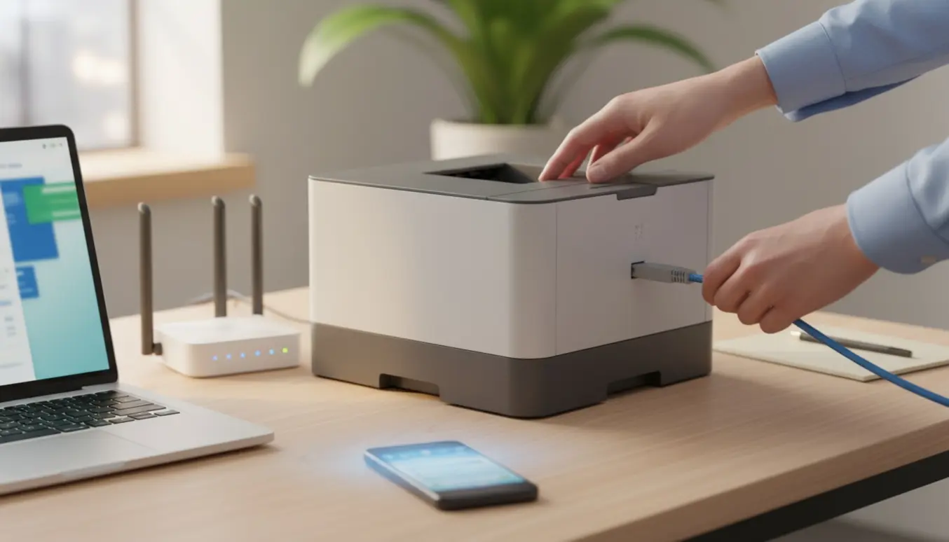 Hænder tilslutter et netværkskabel til en kontorprinter med router og bærbar i baggrunden.