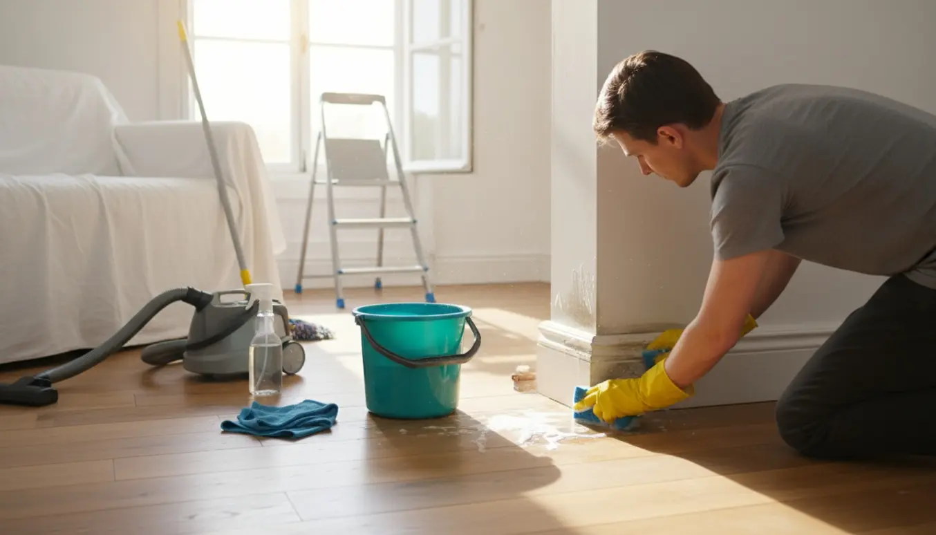 Hænder skrubber et hjørne under grundig hovedrengøring i en lys, rummelig bolig.