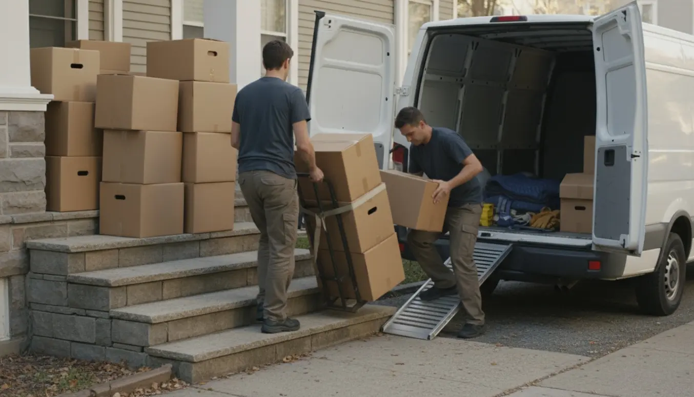Flyttefolk læsser 40 banankasser fra første sal ned i en varevogn ved indgangsdøren.