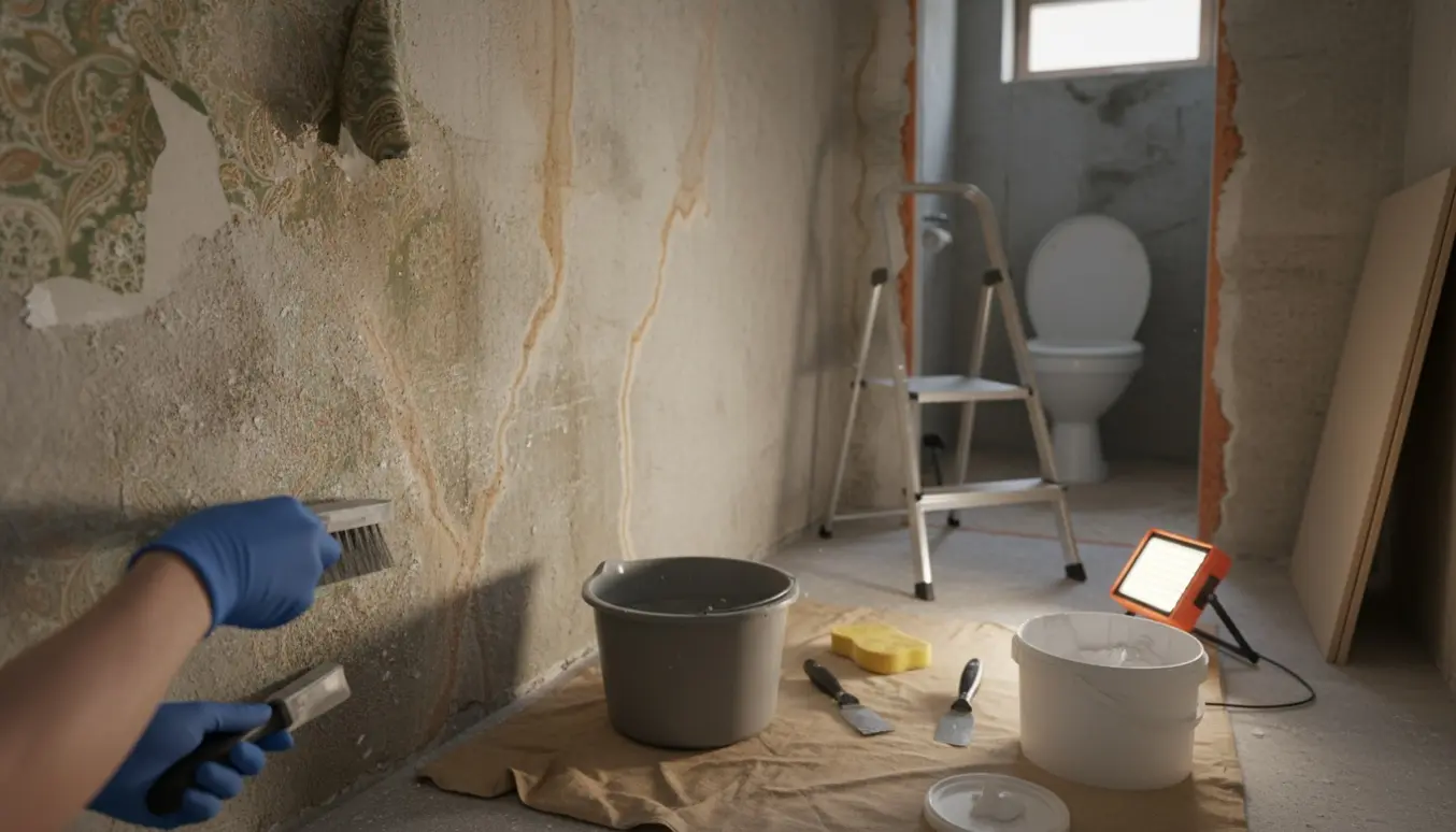 Kælderrum med afpillede tapetrester, fugtpletter og handsker med skraber klar til spartling.