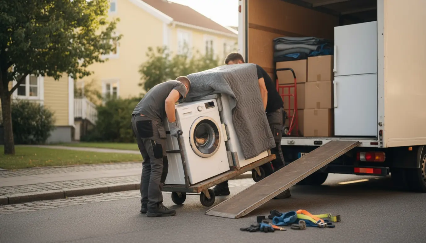 Vaskemaskine og fryser bliver forsigtigt læsset på en flyttebil på en rolig villavej.