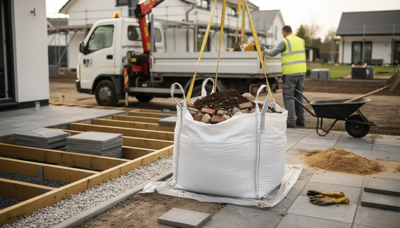 Bigbag med overskudsjord, natursten og murbrokker ved nyanlagt terrasse klar til bortkørsel.