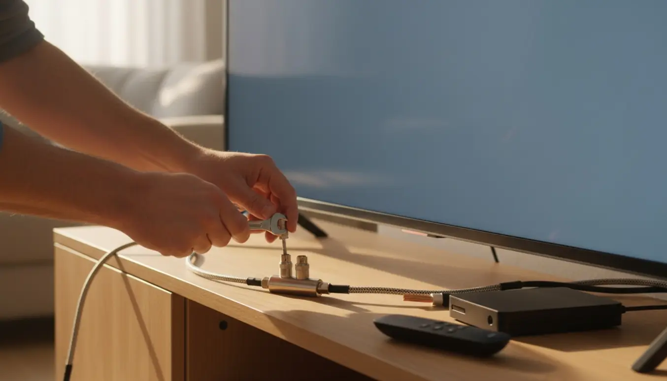 Hænder forbinder coax-kabel til en trevejs-splitter ved et moderne smart-tv på et mediebord.
