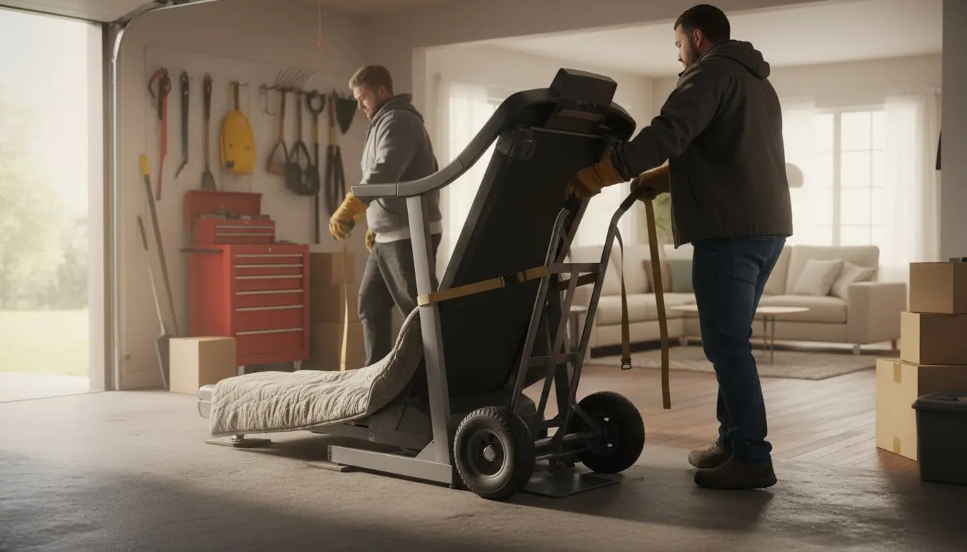 Et løbebånd på en dolly bæres fra garage ind i stuen af to personer, ansigter ikke synlige.