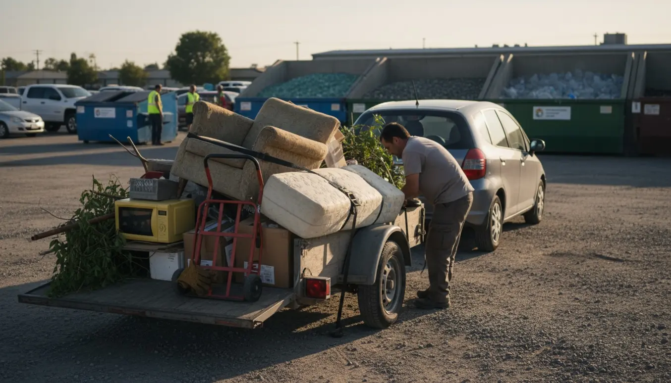 Bil med trailer læsset med møbler og affald ved en genbrugsplads, en person spænder en strop.