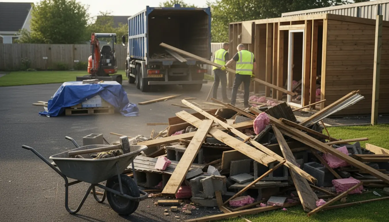 Delvist nedrevet garage og skur i en villahave, arbejdere læsser byggeaffald i en åben container.