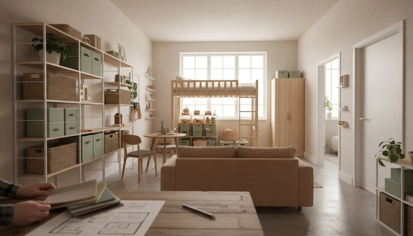 Åben lejlighed med smarte opbevaringsløsninger og en designers hænder ved et bord med stofprøver og målebånd.